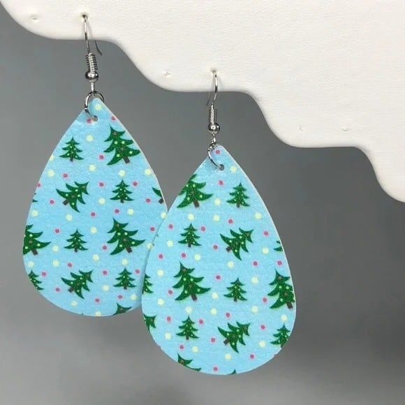 Leather Christmas Tree Teardrop Earrings Lgt Blue - Picture 1 of 5